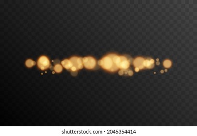 Gold bokeh on isolated transparent background. Light effect png, blurred bokeh png, christmas background. Magic glow, radiance.