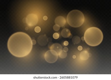 Gold bokeh on a transparent background. Abstract shiny sparkling effect.