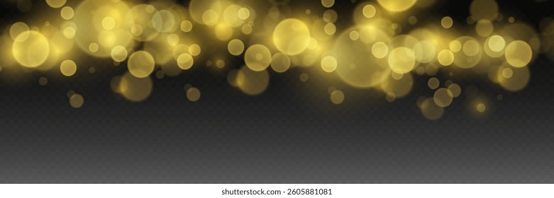 Gold bokeh on a transparent background. Abstract shiny sparkling effect.