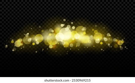 Gold bokeh shining glitter effect. Vector realistic golden light on transparent background. Sparkling magic radial glow stars