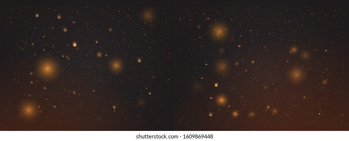 Gold Bokeh Shiny Circles, Isolated On Dark Background. Glittering, Fiery, Golden Particles For Christmas And Greeting Card. Elegant Cosmic Template With Sparkling Dust. Vector Illustrations Collection