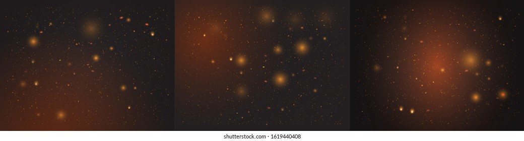 Gold Bokeh With Shiny, Defocused Golden And Fiery Sparkles On A Dark Background. Festive, Christmas Templates For Invitation, Greeting Card, Voucher, Placard, Banner, Flyer. Vector Illustrations Kit.