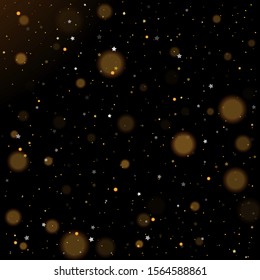 Gold bokeh, shiny glittering golden and silver stars. Glitter gold de-focused lights on black background. Christmas golden lights. Background of bright glow bokeh. Christmas Dust. Magic concept.