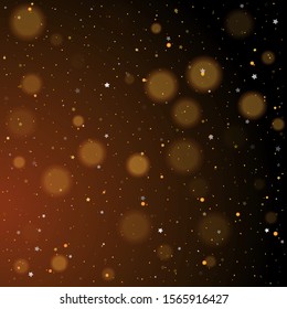 Gold bokeh, shiny glittering golden and silver stars. Glitter gold de-focused lights on black background. Christmas golden lights. Background of bright glow bokeh. Christmas Dust. Magic concept.