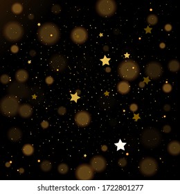 Gold bokeh, shiny glittering golden and silver stars confetti