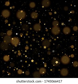 Gold bokeh, shiny glittering golden and silver stars confetti. Glitter gold de-focused lights. Christmas golden lights. Background of bright glow bokeh. Christmas Dust. Magic concept.  Star confetti.