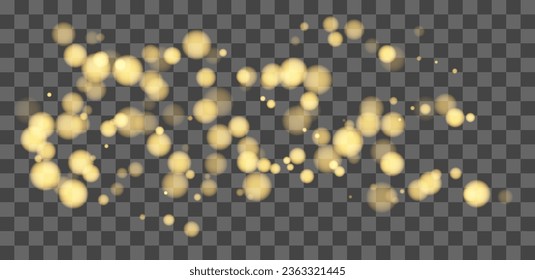Gold bokeh, sparkles, shimmer on transparent background, festive shiny background, wallpaper, for Christmas and New Year, vector illustration in eps10 format