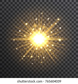 Gold bokeh sunburst on the transparent background, vector illustration