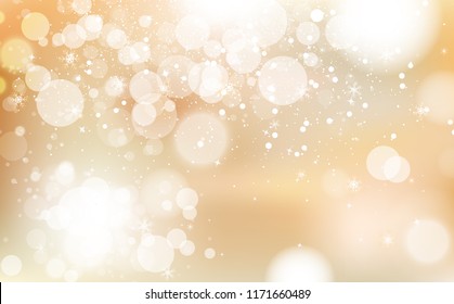 Gold Bokeh, winter celebration festival with stars scatter light shining concept, snowflakes confetti falling, dust, glowing blur blinking holiday season abstract background vector illustration