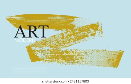 Gold bold brush stroke with spray vector texture. Dots pop art comics sport style. Dots halftone color pattern gradient grunge texture background. Hand drawn distress damaged edge old template. 