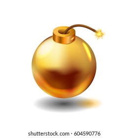 Gold bomb with burning fuse with shadow. Realistic style.
