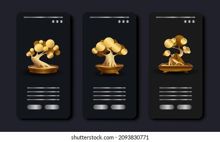 Gold Bonsai tree abstract illustration set. Black Abstract phone app interface design with small golden tree icon.