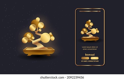 Ilustración vectorial del árbol Bonsai de oro y bonsai. Resumen del diseño de la interfaz de la aplicación telefónica con un pequeño icono de árbol dorado. Estilo Moyogi Bonsai.