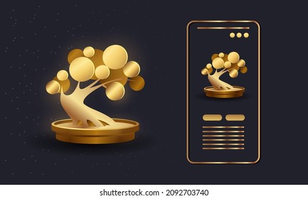 Ilustración vectorial del árbol Bonsai de oro y bonsai. Resumen del diseño de la interfaz de la aplicación telefónica con un pequeño icono de árbol dorado. Estilo Sokan Bonsai.