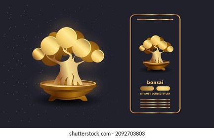 Gold Bonsai Tree And Bonsai Pot Vector Illustration. Abstract Phone App Interface Design With Small Golden Tree Icon. Hokidachi Bonsai Style.