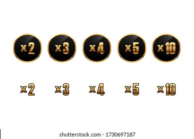 Gold bonus numbers on round boards. Set of gold multiplied numbers for the game. Vector isolated on white background.