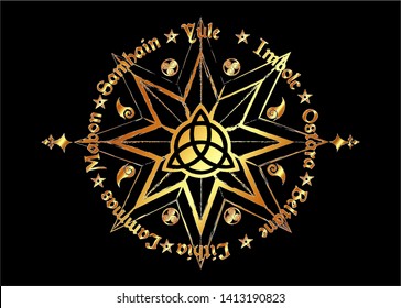 Gold Book Of Shadows Wheel Of The Year Modern Paganism Wicca. Wiccan calendar and holidays. Golden Compass with in the middle Triquetra symbol from charmed celtic. Vector isolated on black background 