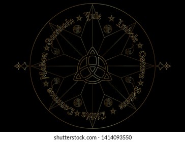 Gold Book Of Shadows Wheel Of The Year Modern Paganism Wicca. Wiccan calendar and holidays. Golden Compass with in the middle Triquetra symbol from charmed celtic. Vector isolated on black background