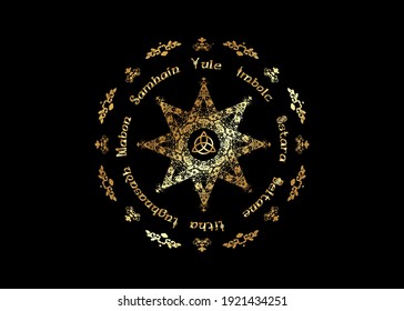 Goldenes Buch der Schatten Rad des Jahres Moderner Heidentum Wicca. Wiccan Kalender und Feiertage. Goldener Kompass mit im mittleren Triquetra-Symbol aus zauberhafter Zellitik. Vektorgrafik einzeln auf schwarzem Hintergrund 