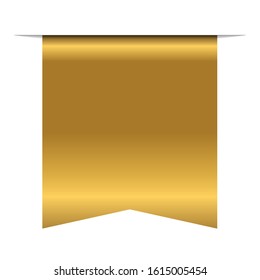 Gold bookmark banner 3D. Vertical book mark, isolated on white background. Color golden tag, label. Flag symbol, sign. Design element blank. Empty sticker sale. Template banner Vector illustration