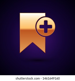 Gold Bookmark icon isolated on dark blue background. Add to concept.  Vector Illustration