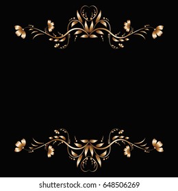Gold border with a brilliant floral pattern on a black background for congratulations, decoration of banners or promotional offers