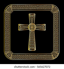 Gold border frame. Celtic cross, isolated on the black background for web design.  Vector illustration