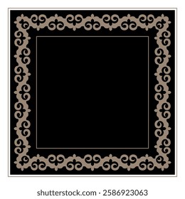 Gold Border frame deco vector label. Simple line art border frame design. Square gold floral Eastern national pattern frame ornament. Lace frame for square surfaces, invitations, textiles, embroider, 