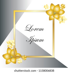 Gold border frame with flowers on white, grey background. Ideal for invitation, card, greeting, holiday, banner, poster, cover.