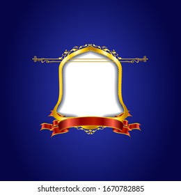 Gold border with red ribbon Isolated design, vector for border or frame, Dark Blue Background