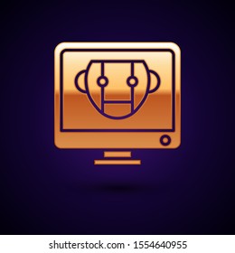 Gold Bot icon isolated on dark blue background. Computer monitor and robot icon.  Vector Illustration