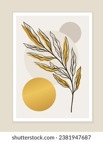 Gold botanical abstract leaves cover. Minimalistic creativity and art. Sketch of branch with gold leaves. Poster or banner. Linear flat vector illustration isolated on brown background