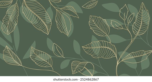 Gold botanical leaves hand drawing isolated on green background.Vector illustration