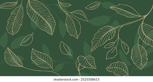 Gold  botanical leaves hand drawing isolated on green background.Vector illustration