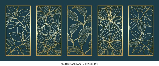 Gold botanical line art pattern vector collection. Laser cut with line design pattern. Design for wood carving, wall panel decor, metal cutting, wall arts, cover background, wallpaper and banner.