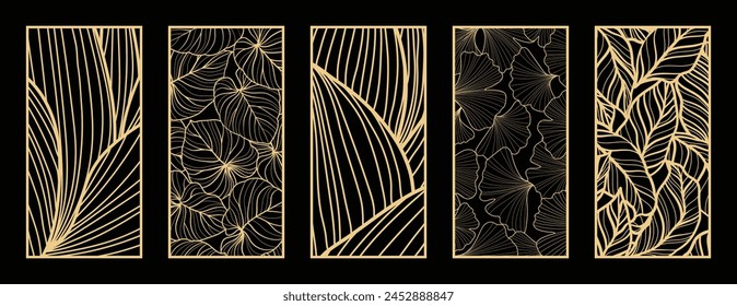 Gold botanische Linie Kunst Muster Vektorgrafik Kollektion. Laserschnitt mit Linienmuster. Design für Holzschnitzerei, Wandpaneeldekor, Metallschneiden, Wandkunst, Abdeckhintergrund, Bildschirmhintergrund und Banner.