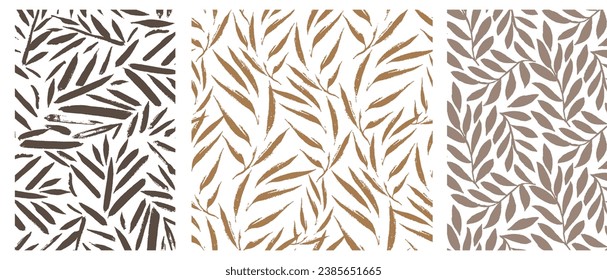 Gold Botanical Organic Pattern. Leaves Brush Strokes. Modern Printable Background Ornament. Abstract Organic Shape. Grounge Texture Walpaper. Fabric Textile Background.