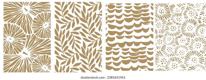 Gold Botanical Organic Pattern. Leaves Flowers Brush Strokes. Modern Printable Background Ornament. Abstract Organic Shape. Grounge Texture Walpaper. Fabric Textile Background. 