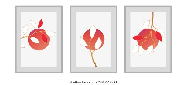 Gold botanical vector wall art set. Asian foliage pattern with abstract shape, gold. Abstract botanical art for print, cover, wallpaper, minimal and natural wall art.	