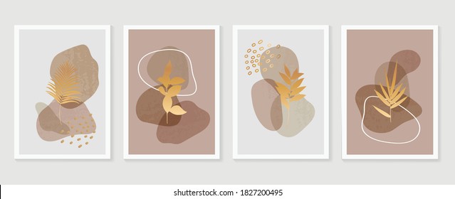 Gold botanical wall art vector set. Earth tone boho foliage line art drawing with  abstract shape.  Abstract Plant Art design for print, cover, wallpaper, Minimal and  natural wall art.