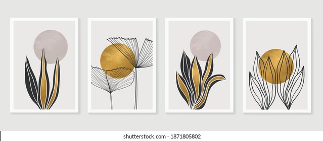 Gold Botanical wall art vector set. Earth tone boho foliage line art drawing with  abstract shape.  Abstract Plant Art design for print, cover, wallpaper, Minimal and  natural wall art. - Shutterstock ID 1871805802