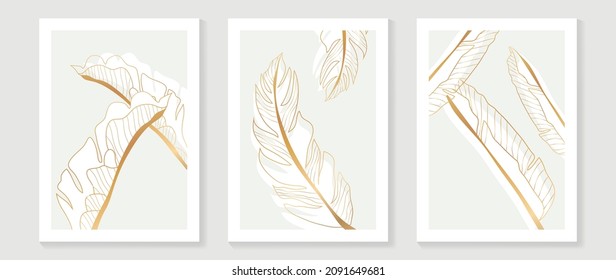 Gold Botanical wall art vector set. Earth tone boho foliage line art drawing with  abstract shape.  Abstract Plant Art design for print, cover, wallpaper, Minimal and  natural wall art.
