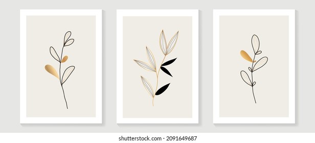 Gold Botanical wall art vector set. Earth tone boho foliage line art drawing with  abstract shape.  Abstract Plant Art design for print, cover, wallpaper, Minimal and  natural wall art.