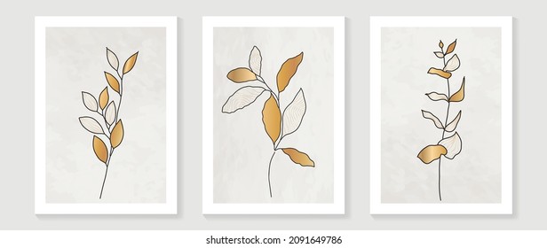 Gold Botanische Wandkunst Vektorset. Erdton boho Blattlinie Zeichnung mit abstrakter Form.  Abstraktes Pflanzendesign für Druck, Deckel, Tapeten, Minimale und natürliche Wandkunst.
