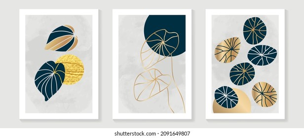 Gold Botanical wall art vector set. Earth tone boho foliage line art drawing with  abstract shape.  Abstract Plant Art design for print, cover, wallpaper, Minimal and  natural wall art.