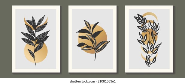 Gold Botanical wall art vector set. Earth tone boho foliage line art drawing with  abstract shape.  Abstract Plant Art design for print, cover, wallpaper, Minimal and  natural wall art.