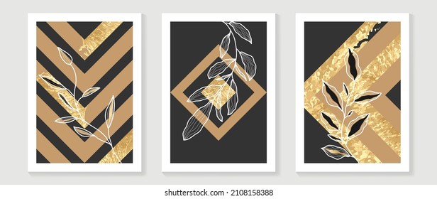 Juego de vectores de arte mural botánico de oro. Tono de la Tierra dibujo de líneas de follaje boho con forma abstracta.  Resumen Diseño de arte vegetal para la impresión, cubierta, papel pintado, arte de pared mínimo y natural.