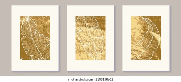 Gold Botanical wall art vector set. Earth tone boho foliage line art drawing with  abstract shape.  Abstract Plant Art design for print, cover, wallpaper, Minimal and  natural wall art.