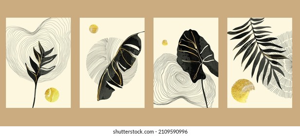 Gold Botanical wall art vector set. Minimal boho foliage line art drawing with  abstract shape.  Abstract Plant Art design for print, cover, wallpaper, Minimal and  natural wall art.