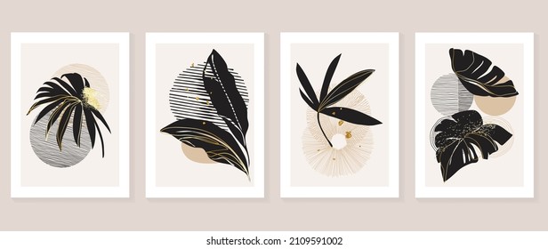 Gold Botanische Wandkunst Vektorset. Minimale boho Blattlinie Zeichnung mit abstrakter Form.  Abstraktes Pflanzendesign für Druck, Deckel, Tapeten, Minimale und natürliche Wandkunst.